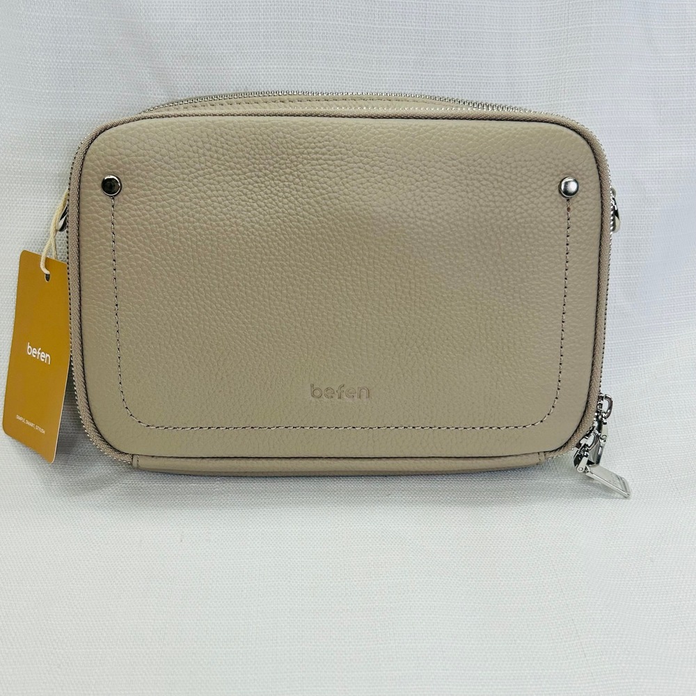 Befen Crossbody Bag Purse Taupe Pebbled Genuine Leather Bag Small Minimalist NEW
